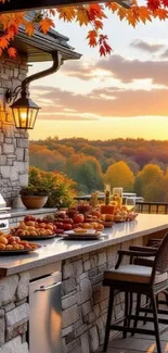 Autumn patio with stone grill and sunset view