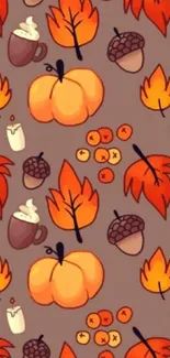 Mobile wallpaper with autumn leaves, pumpkins, acorns, and cozy elements.