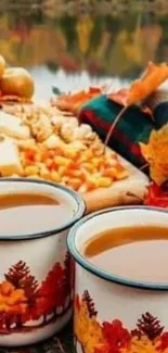 Autumn picnic scene with mugs and leaves by the lake.