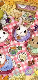 Cute bunnies enjoying a picnic amidst colorful autumn leaves.