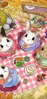 Cute bunnies having an autumn picnic on a pink checkered blanket.