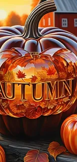 Autumn-themed wallpaper with pumpkins and fall leaves in a farm setting.