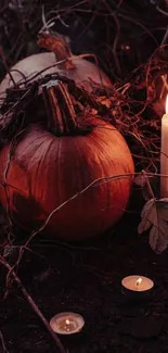 Pumpkin and candle scene with rustic autumn ambiance.