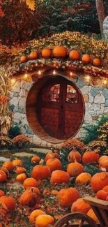 Whimsical autumn cottage with pumpkins.