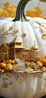 Miniature house carved in a pumpkin decorated with autumn leaves.