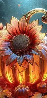 Glowing pumpkin with vibrant flowers in fantasy art style.