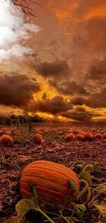 Sunset over a pumpkin field with orange sky and clouds.