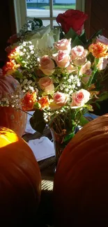 Autumn pumpkins and floral arrangement in warm sunlight.