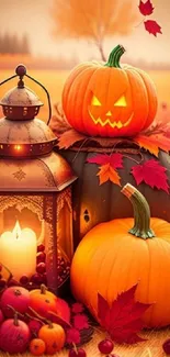 Autumn wallpaper with pumpkins and lantern under falling leaves.