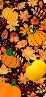 Autumn-themed wallpaper with pumpkins and leaves in warm shades of orange and yellow.