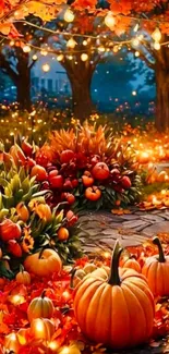 Autumn pathway adorned with pumpkins and fairy lights.