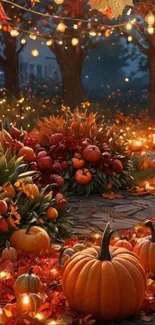 Autumn scene with pumpkins and glowing lights.