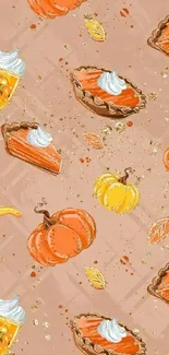 Autumn-themed mobile wallpaper with pumpkins and pie.