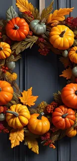 Autumn wreath with pumpkins and leaves on a dark door background.