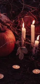 Cozy mobile wallpaper with pumpkins and glowing candles in autumn ambiance.