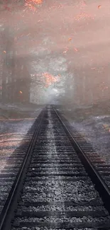 Serene railway through vibrant autumn forest.