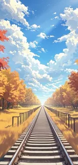 Scenic autumn railway under blue sky with colorful trees.