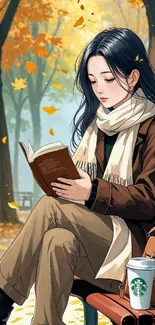 Anime girl reading on bench in autumn park with falling leaves.