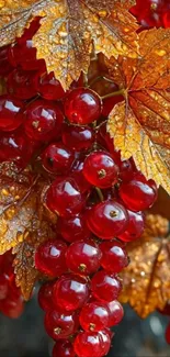 Vibrant red berries with autumn leaves.