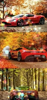 Red sports car driving through vibrant autumn forest scenery.