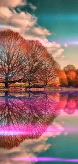 Autumn trees reflecting on a serene lake under a teal sky.