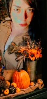 Autumn-themed window with pumpkins and floral arrangement.