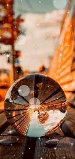 Glass sphere reflecting autumn scenery with bokeh.