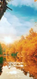 Serene autumn scene with orange trees reflected in a calm river at sunrise.