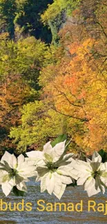 Autumn river with floral accents wallpaper, featuring vibrant leaves.