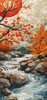 Autumn landscape with river and vibrant foliage.