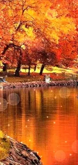 Autumn landscape with river and trees in vibrant oranges and browns.