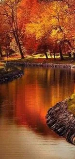 Serene autumn river wallpaper with vibrant fall foliage.