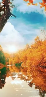 Vibrant autumn leaves reflect on a serene river under a blue sky.