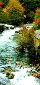 Scenic autumn river with rustic houses and vibrant fall foliage.