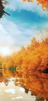 Autumn river with golden leaves reflecting under a blue sky.