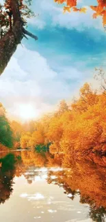 Tranquil autumn river scene with vibrant orange foliage reflecting in water.