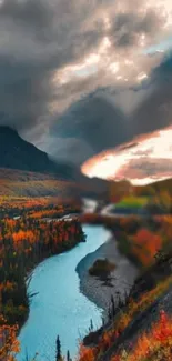 Breathtaking autumn river valley with vibrant foliage and a serene blue river.