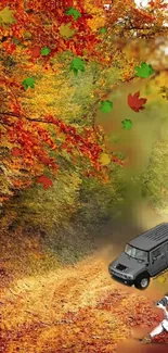 Vibrant autumn road with SUV under colorful trees.