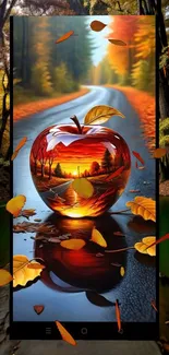 Autumn road with reflective apple illusion in nature.