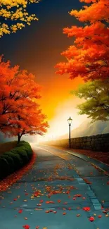 Scenic autumn pathway with vibrant foliage and a sunset sky.