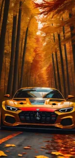 Orange sports car on an autumn forest road with golden leaves.
