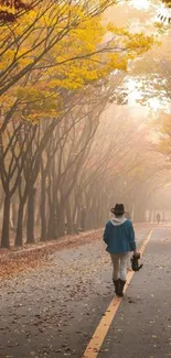 Person walks along a misty autumn path with vibrant yellow leaves overhead.