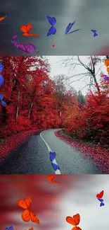 Serene autumn road with colorful butterflies and red foliage.