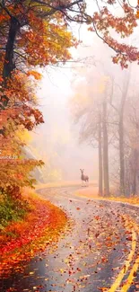 Serene autumn road with colorful leaves and a distant deer.