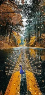 Peacock standing on an autumn road with vibrant forest backdrop.