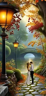 Romantic couple under a streetlamp in an autumn setting.