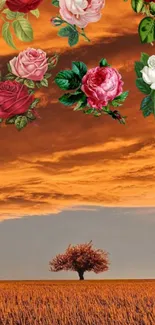 Autumn sunset with roses and tree wallpaper.