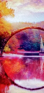 Vibrant autumn bridge reflection wallpaper with colorful foliage.