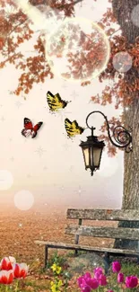 Serene autumn scene with butterflies and a vintage lamp post.