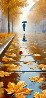 Golden autumn leaves on a misty street.